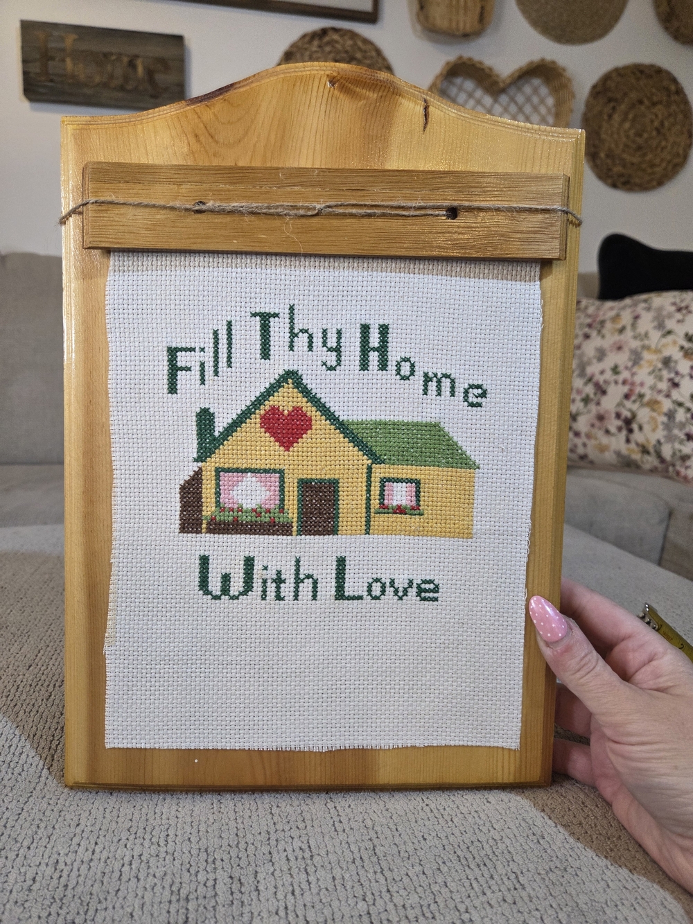 Handmade 'Fill Thy Home With Love' Yellow & Green Cross-Stitch Wall Art